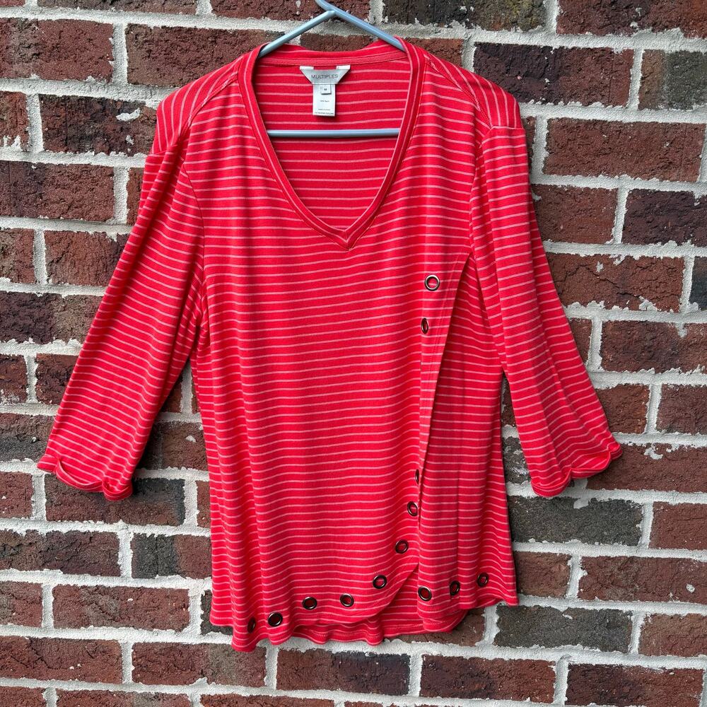 Multiples Striped Grommet V Neck 3/4 Sleeve Tunic Top Size M